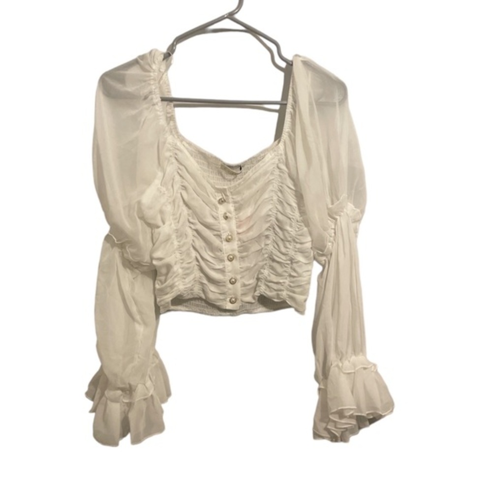 Miss Lola O.Vianca white sheer poof sleeve faux pearl‎ button up crop top